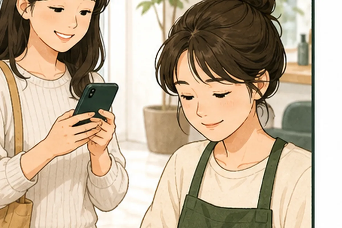 한국의 매장 사장님이 네이버 예약 일정 관리 적용 전후의 문의와 방문 기록을 차분히 비교하는 일러스트