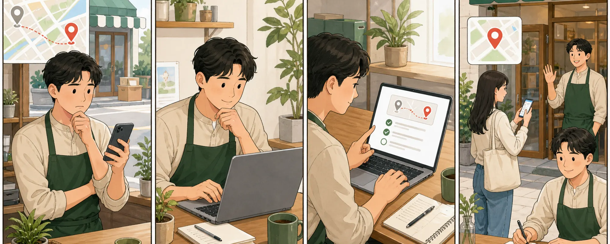 네이버 플레이스 주소 변경 때문에 막막해하던 동네 가게 사장님이 현재 상태를 확인하고 한 항목을 수정한 뒤 고객 반응을 기록하는 4컷 일러스트