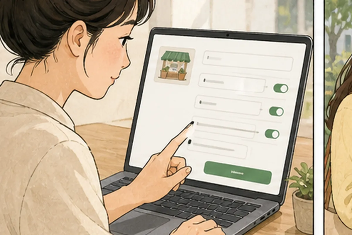 동네 가게 운영자가 네이버 플레이스 업체 정보 수정 실행 순서를 체크하며 한 항목씩 적용하는 일러스트