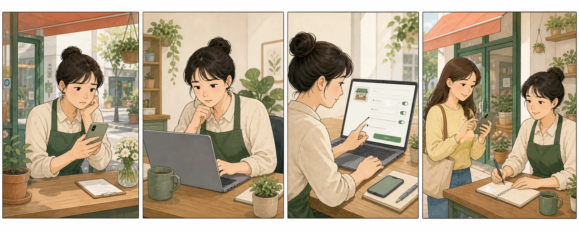 네이버 플레이스 업체 정보 수정 때문에 막막해하던 동네 가게 사장님이 현재 상태를 확인하고 한 항목을 수정한 뒤 고객 반응을 기록하는 4컷 일러스트