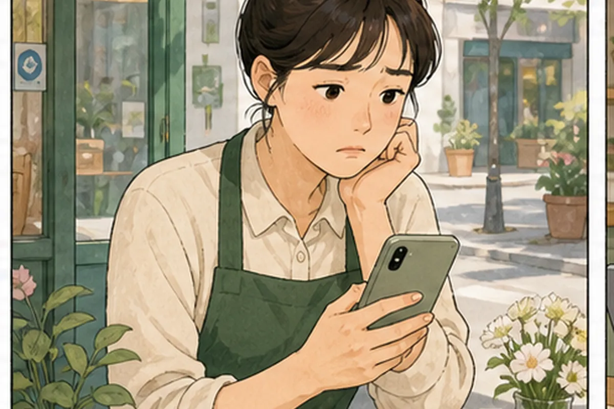 한국의 작은 매장 사장님이 네이버 플레이스 업체 정보 수정 관련 고객 화면과 운영 메모를 나란히 놓고 현재 상태를 확인하는 일러스트