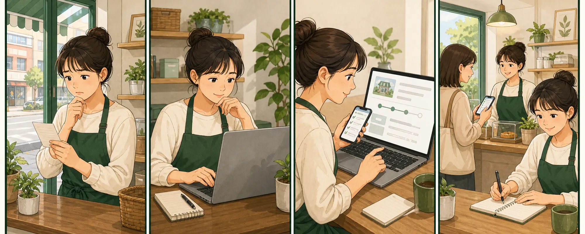 네이버 플레이스 업체명 변경 때문에 막막해하던 동네 가게 사장님이 현재 상태를 확인하고 한 항목을 수정한 뒤 고객 반응을 기록하는 4컷 일러스트