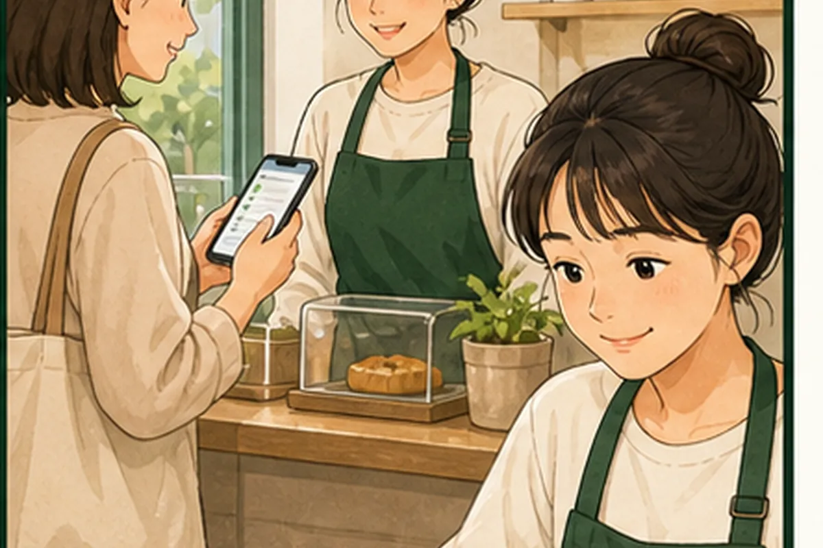 한국의 매장 사장님이 네이버 플레이스 업체명 변경 적용 전후의 문의와 방문 기록을 차분히 비교하는 일러스트