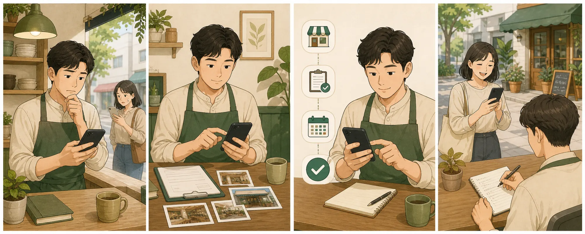 네이버 플레이스 폐업 삭제 때문에 막막해하던 동네 가게 사장님이 현재 상태를 확인하고 한 항목을 수정한 뒤 고객 반응을 기록하는 4컷 일러스트