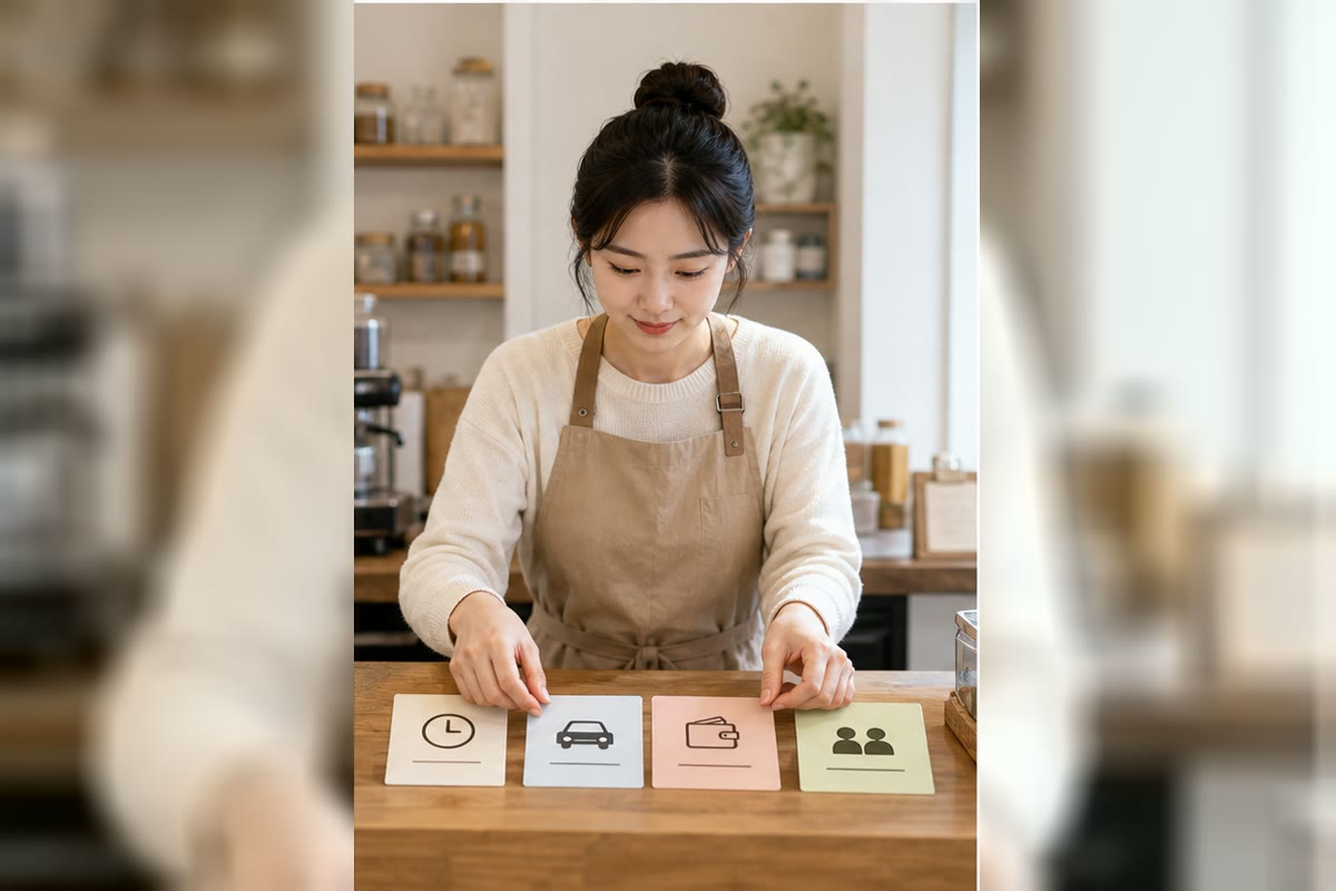 사장님이 영업시간, 주차, 가격, 예약 안내 카드를 정리하는 장면