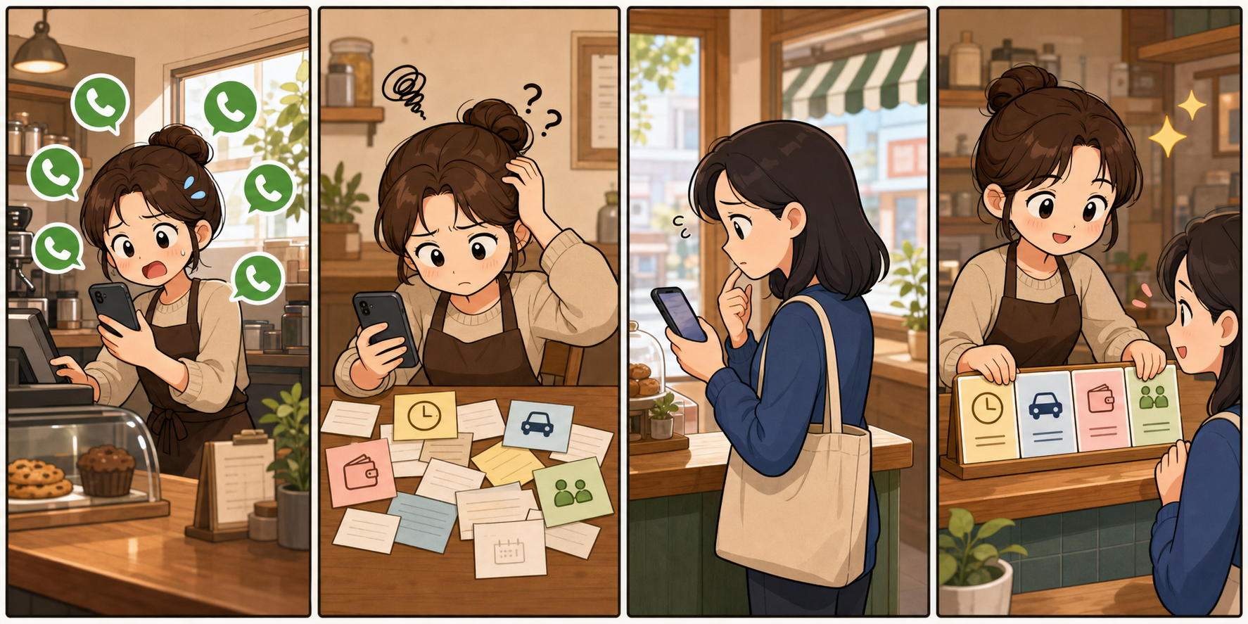 가게 사장님이 반복 전화 문의에 당황하다가 영업시간, 주차, 가격, 예약 정보를 자주 묻는 질문으로 정리하는 4컷 만화