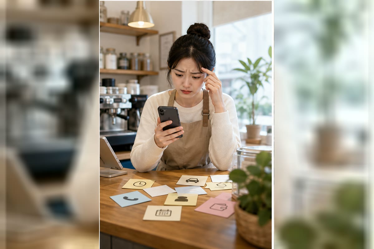 가게 사장님이 반복되는 전화 문의와 흩어진 안내 카드를 보고 고민하는 장면
