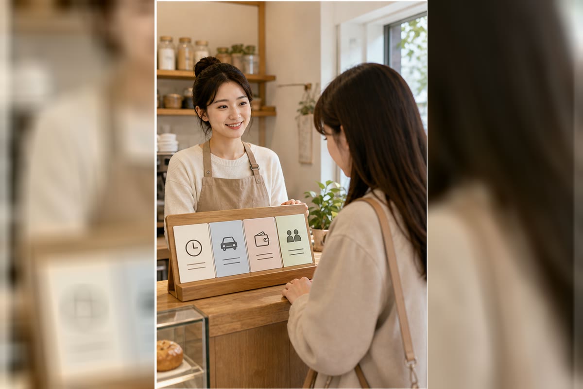 정리된 안내 카드를 보고 손님이 방문 전 정보를 확인하는 장면