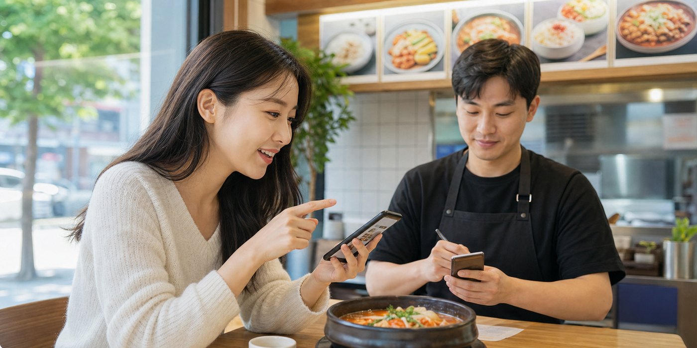 손님이 메뉴 설명을 확인하고 사장이 문의 내용을 메모하는 모습