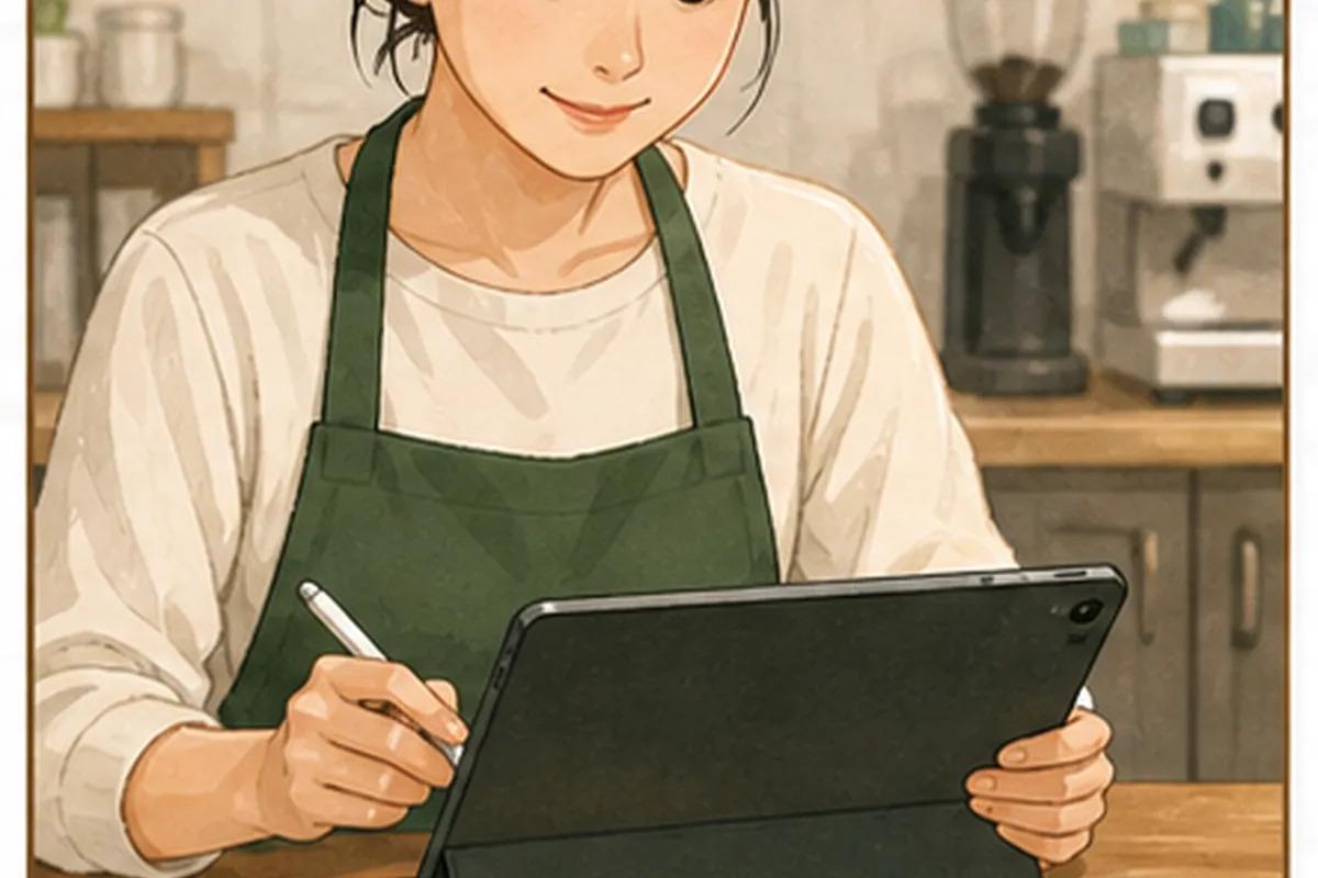 동네 가게 운영자가 네이버 플레이스 메뉴 가격 등록 실행 순서를 체크하며 한 항목씩 적용하는 일러스트