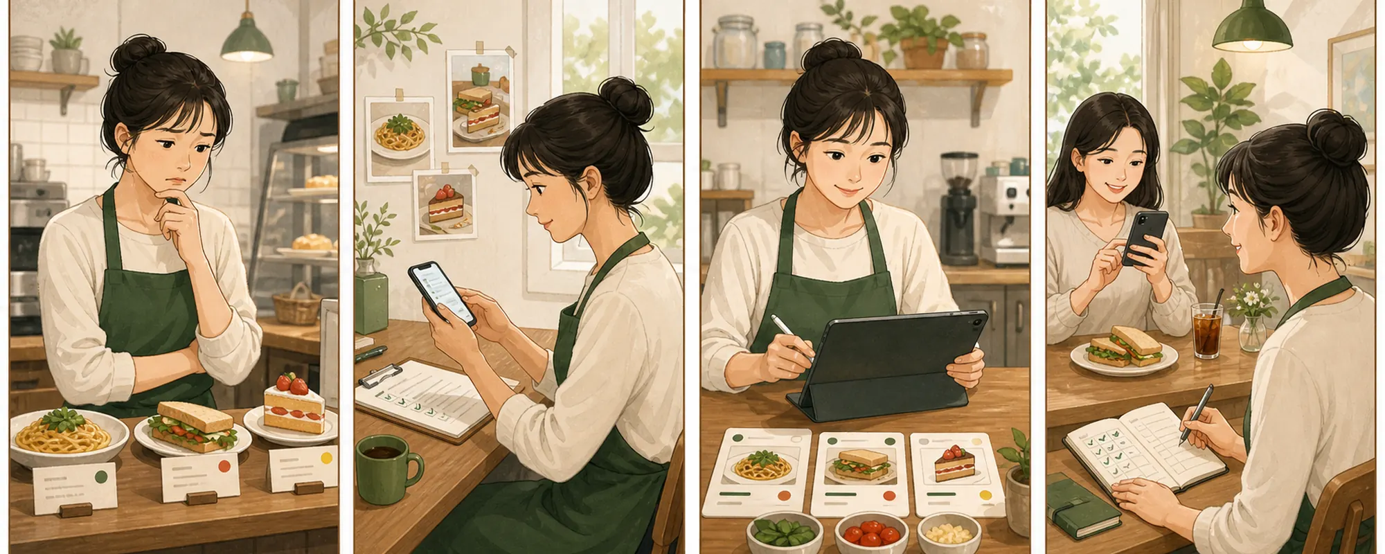 네이버 플레이스 메뉴 가격 등록 때문에 막막해하던 동네 가게 사장님이 현재 상태를 확인하고 한 항목을 수정한 뒤 고객 반응을 기록하는 4컷 일러스트
