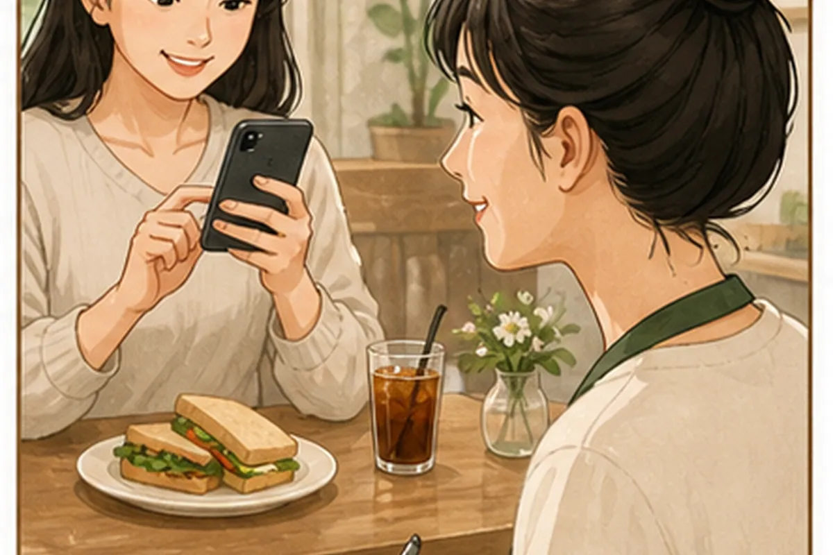 한국의 매장 사장님이 네이버 플레이스 메뉴 가격 등록 적용 전후의 문의와 방문 기록을 차분히 비교하는 일러스트