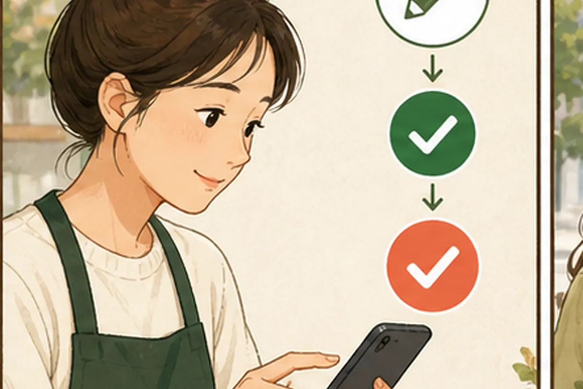 동네 가게 운영자가 네이버 플레이스 전화번호 변경 실행 순서를 체크하며 한 항목씩 적용하는 일러스트