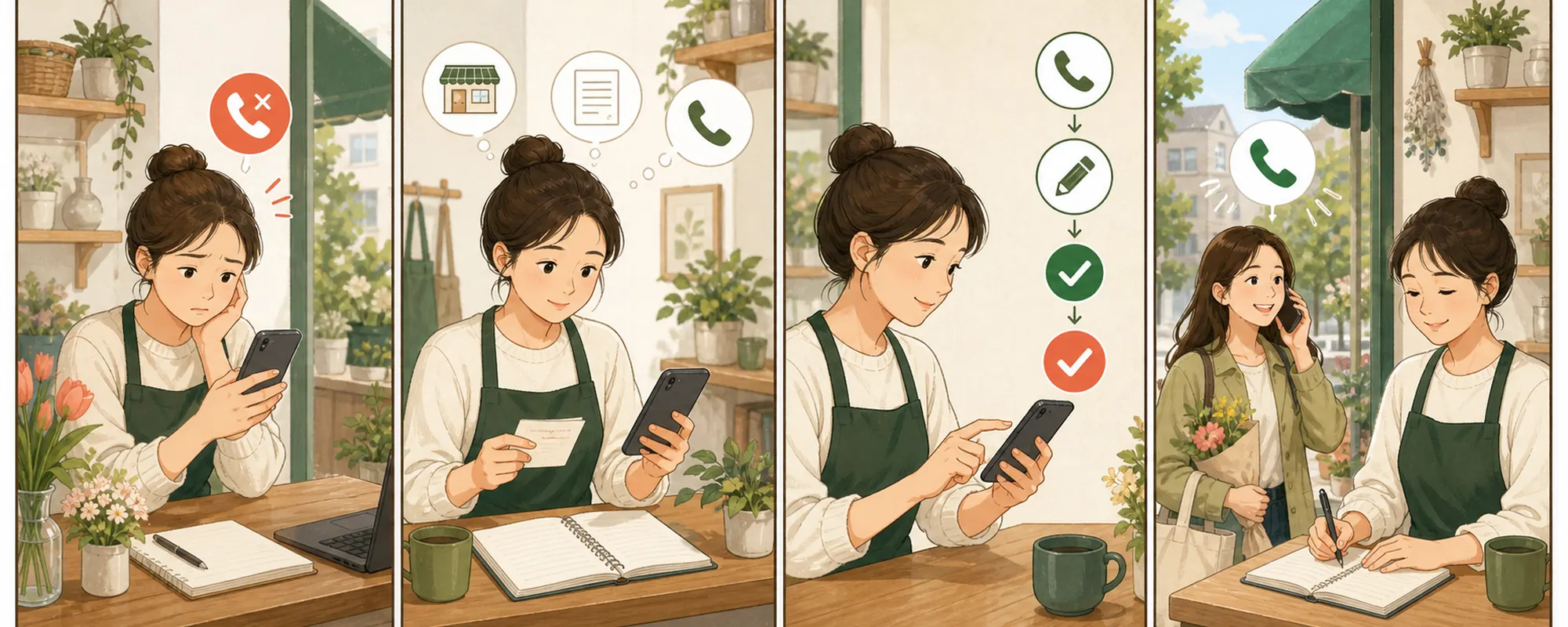 네이버 플레이스 전화번호 변경 때문에 막막해하던 동네 가게 사장님이 현재 상태를 확인하고 한 항목을 수정한 뒤 고객 반응을 기록하는 4컷 일러스트