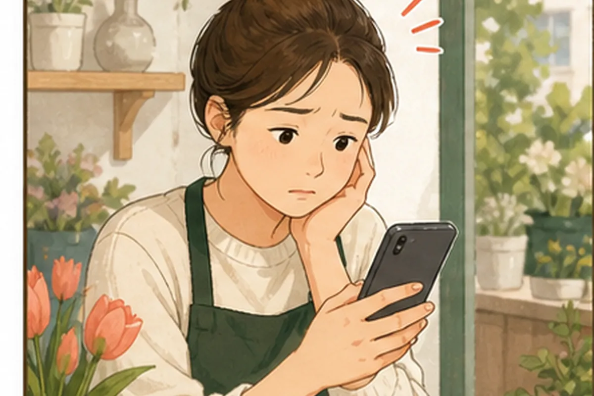 한국의 작은 매장 사장님이 네이버 플레이스 전화번호 변경 관련 고객 화면과 운영 메모를 나란히 놓고 현재 상태를 확인하는 일러스트