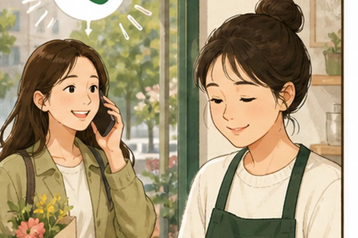 한국의 매장 사장님이 네이버 플레이스 전화번호 변경 적용 전후의 문의와 방문 기록을 차분히 비교하는 일러스트