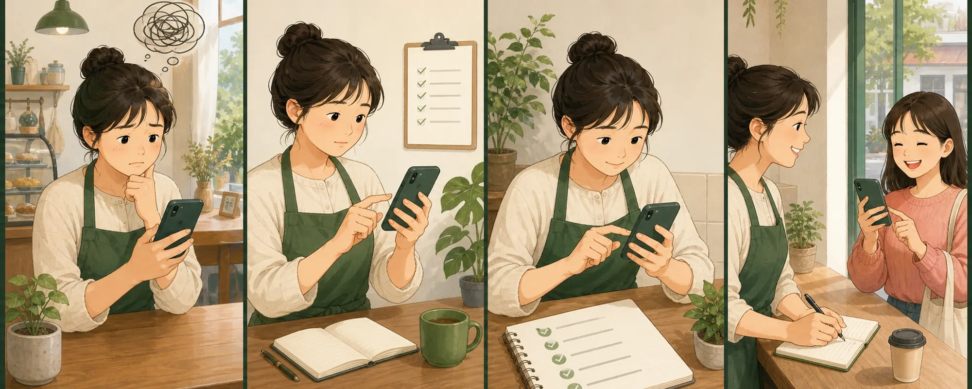 네이버 플레이스 리뷰 안뜸 때문에 막막해하던 동네 가게 사장님이 현재 상태를 확인하고 한 항목을 수정한 뒤 고객 반응을 기록하는 4컷 일러스트