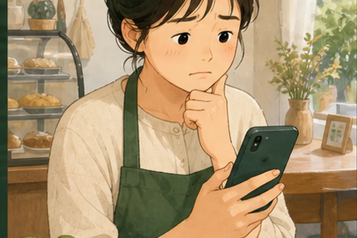 한국의 작은 매장 사장님이 네이버 플레이스 리뷰 안뜸 관련 고객 화면과 운영 메모를 나란히 놓고 현재 상태를 확인하는 일러스트