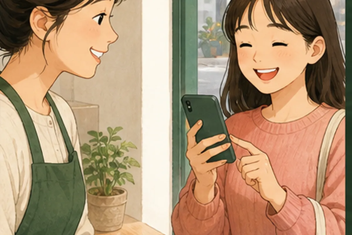 한국의 매장 사장님이 네이버 플레이스 리뷰 안뜸 적용 전후의 문의와 방문 기록을 차분히 비교하는 일러스트