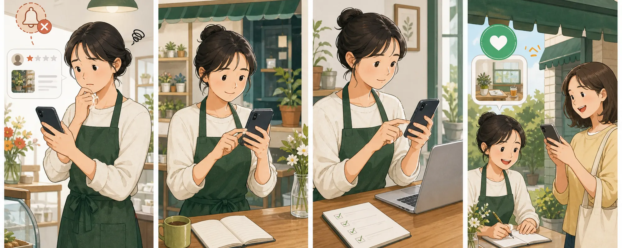 네이버 플레이스 리뷰 알림 때문에 막막해하던 동네 가게 사장님이 현재 상태를 확인하고 한 항목을 수정한 뒤 고객 반응을 기록하는 4컷 일러스트