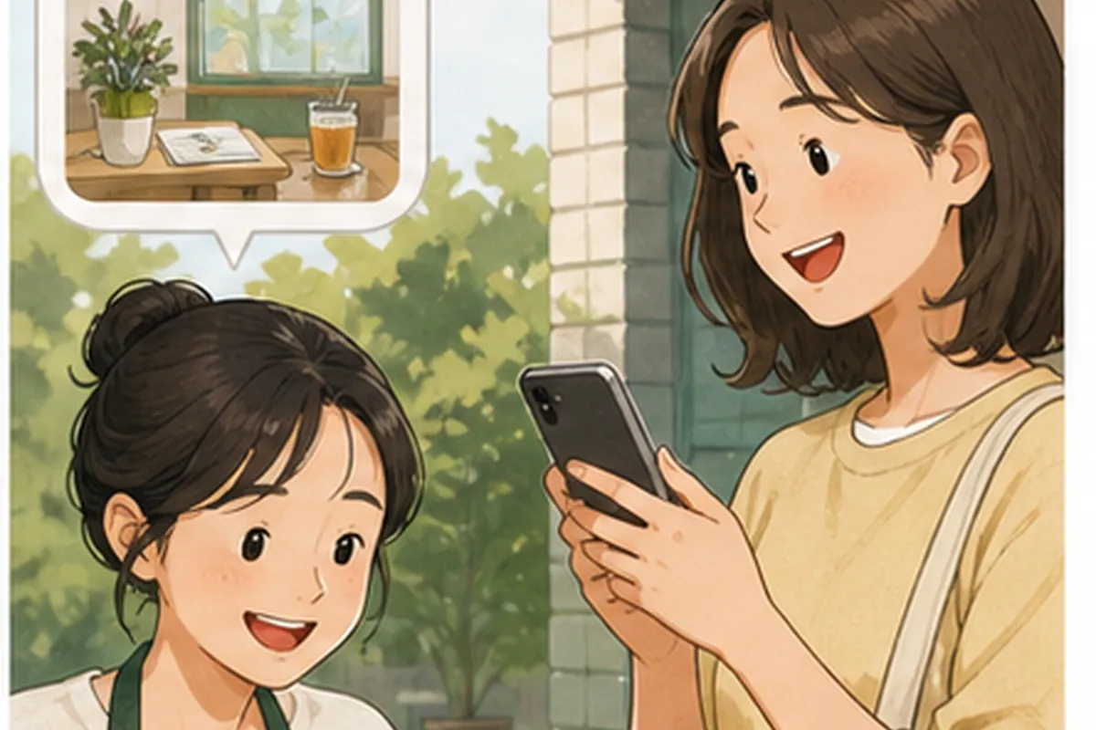 한국의 매장 사장님이 네이버 플레이스 리뷰 알림 적용 전후의 문의와 방문 기록을 차분히 비교하는 일러스트