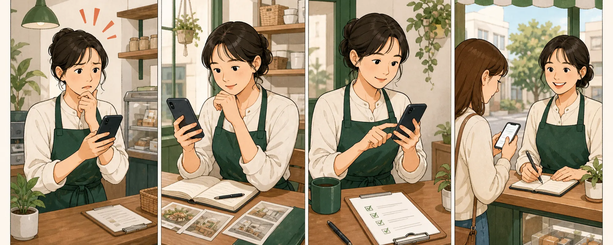 네이버 플레이스 리뷰 신고 때문에 막막해하던 동네 가게 사장님이 현재 상태를 확인하고 한 항목을 수정한 뒤 고객 반응을 기록하는 4컷 일러스트