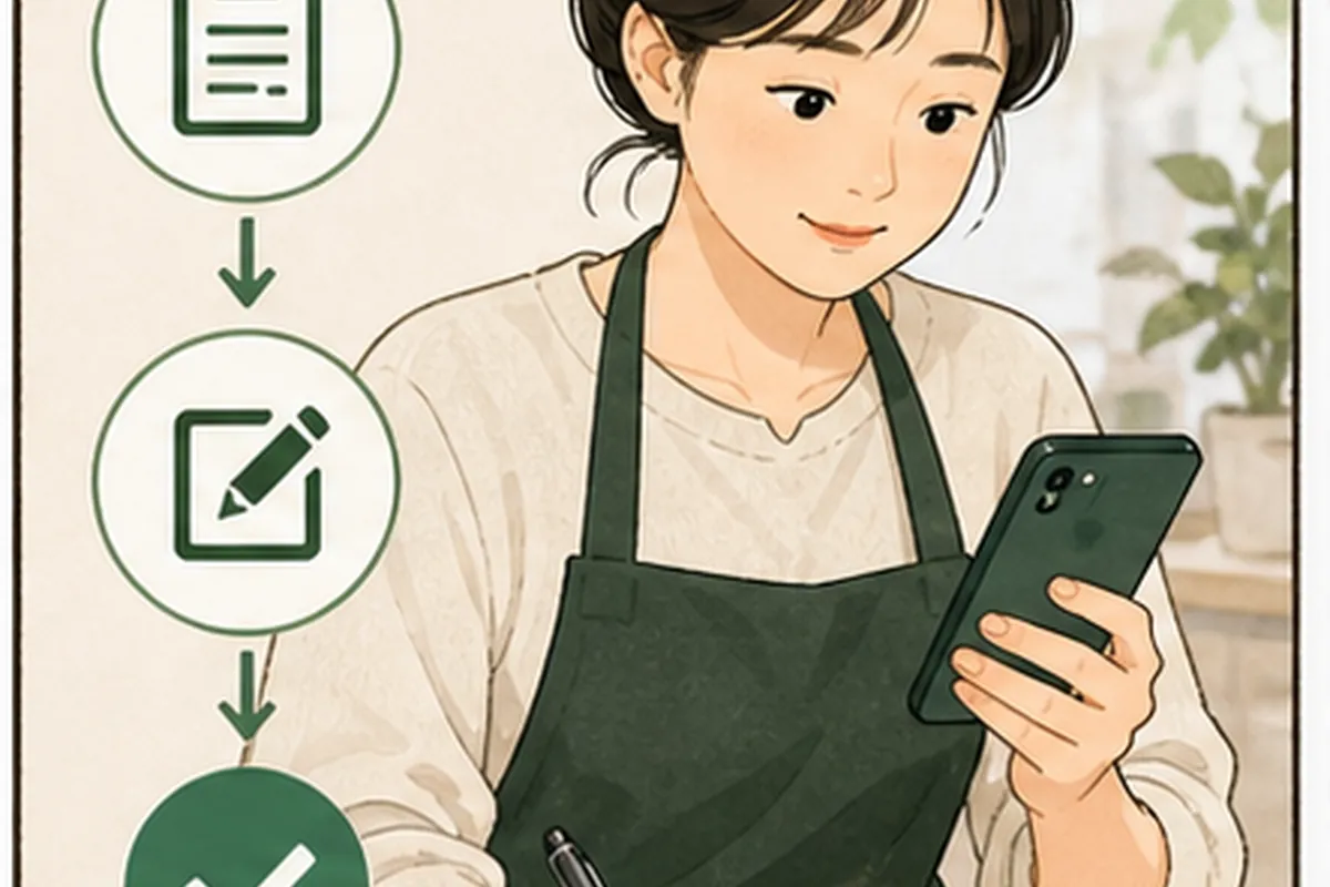 동네 가게 운영자가 네이버 플레이스 검색어 통계 실행 순서를 체크하며 한 항목씩 적용하는 일러스트