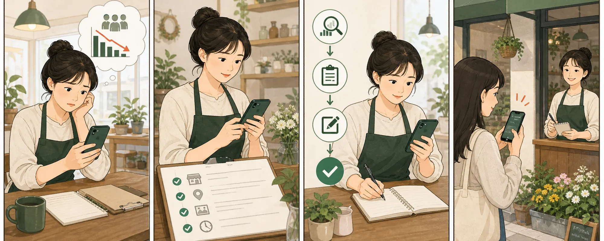 네이버 플레이스 검색어 통계 때문에 막막해하던 동네 가게 사장님이 현재 상태를 확인하고 한 항목을 수정한 뒤 고객 반응을 기록하는 4컷 일러스트