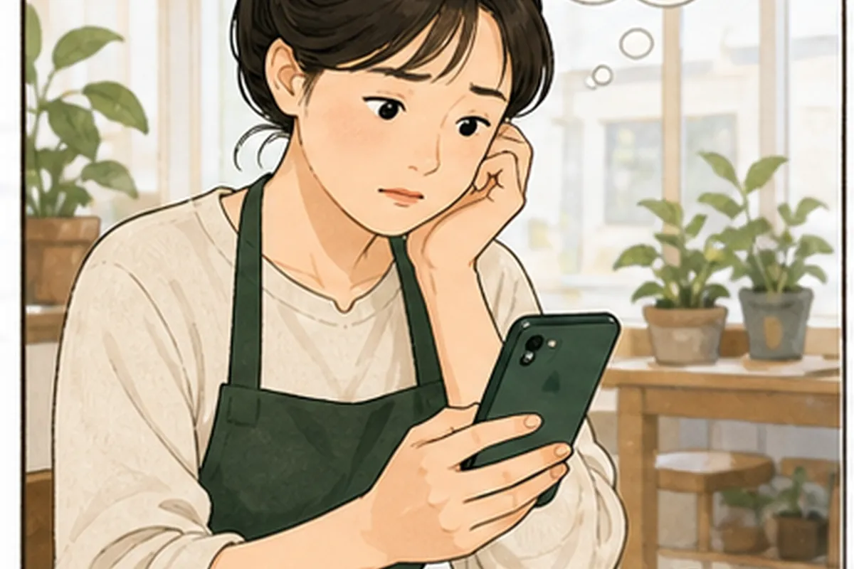 한국의 작은 매장 사장님이 네이버 플레이스 검색어 통계 관련 고객 화면과 운영 메모를 나란히 놓고 현재 상태를 확인하는 일러스트