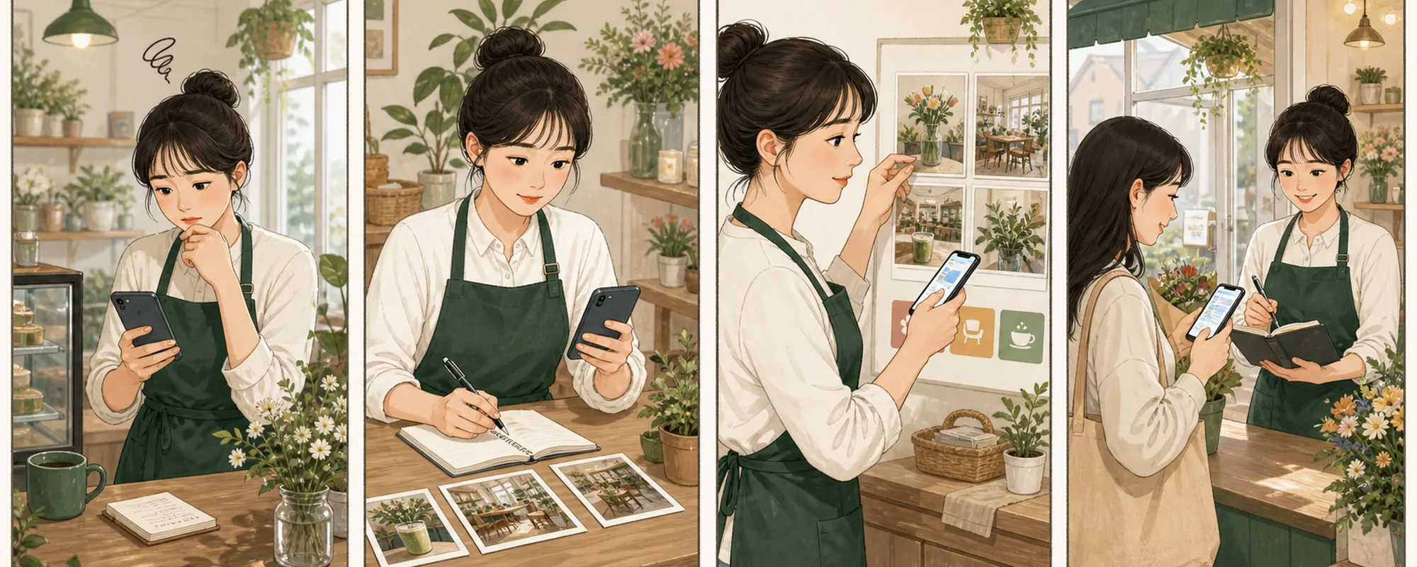 네이버 플레이스 방문자 리뷰 키워드 때문에 막막해하던 동네 가게 사장님이 현재 상태를 확인하고 한 항목을 수정한 뒤 고객 반응을 기록하는 4컷 일러스트