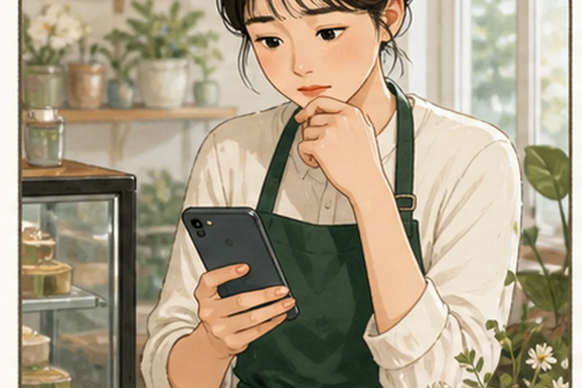 한국의 작은 매장 사장님이 네이버 플레이스 방문자 리뷰 키워드 관련 고객 화면과 운영 메모를 나란히 놓고 현재 상태를 확인하는 일러스트