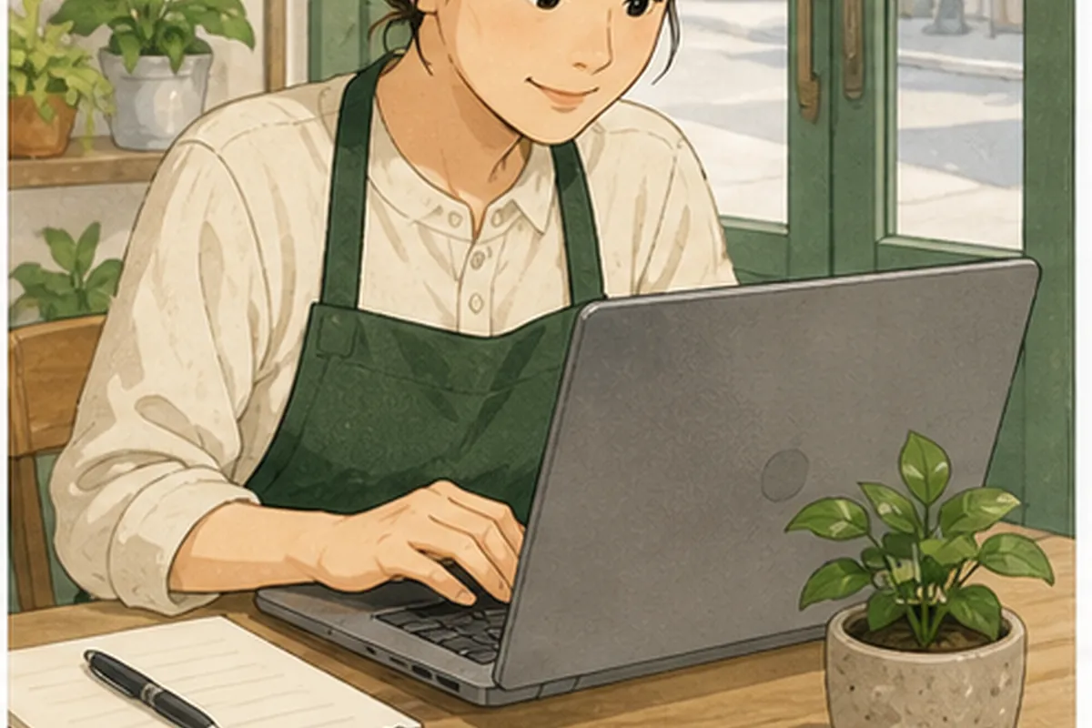 동네 가게 운영자가 네이버 검색광고 키워드 도구 실행 순서를 체크하며 한 항목씩 적용하는 일러스트