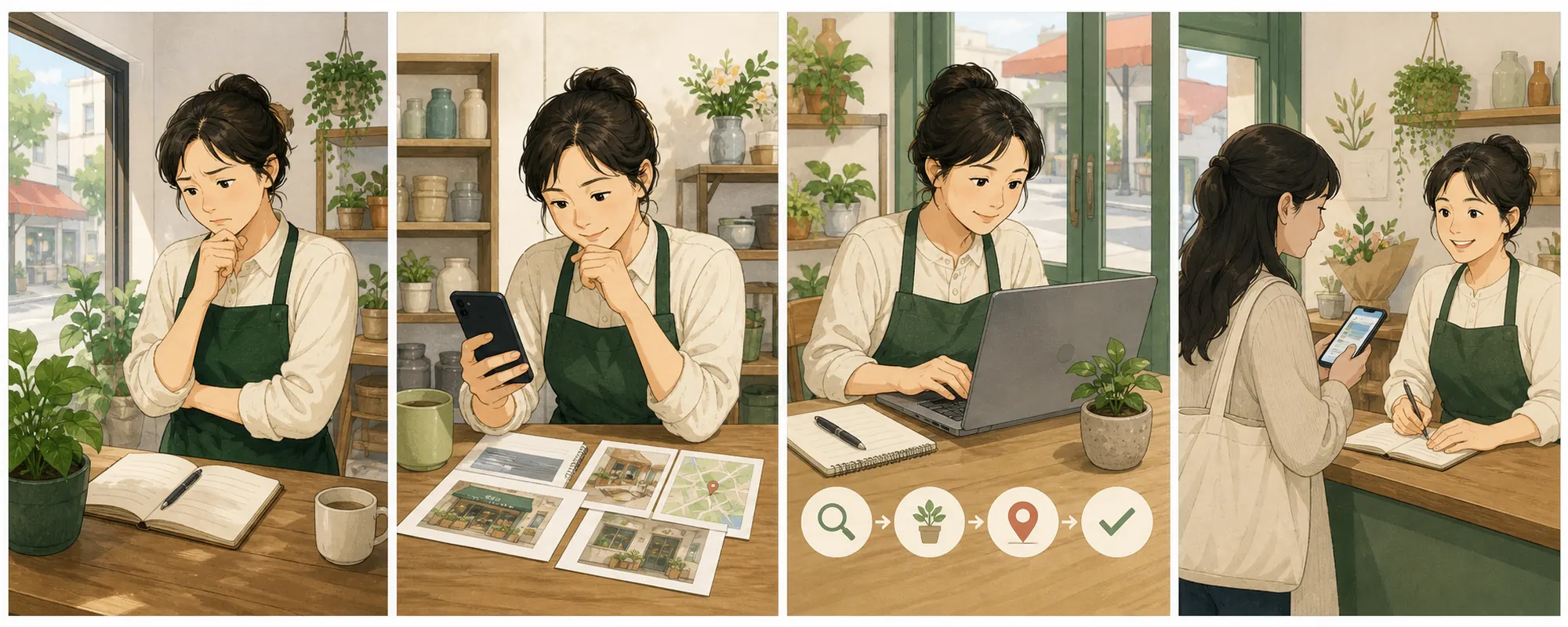 네이버 검색광고 키워드 도구 때문에 막막해하던 동네 가게 사장님이 현재 상태를 확인하고 한 항목을 수정한 뒤 고객 반응을 기록하는 4컷 일러스트