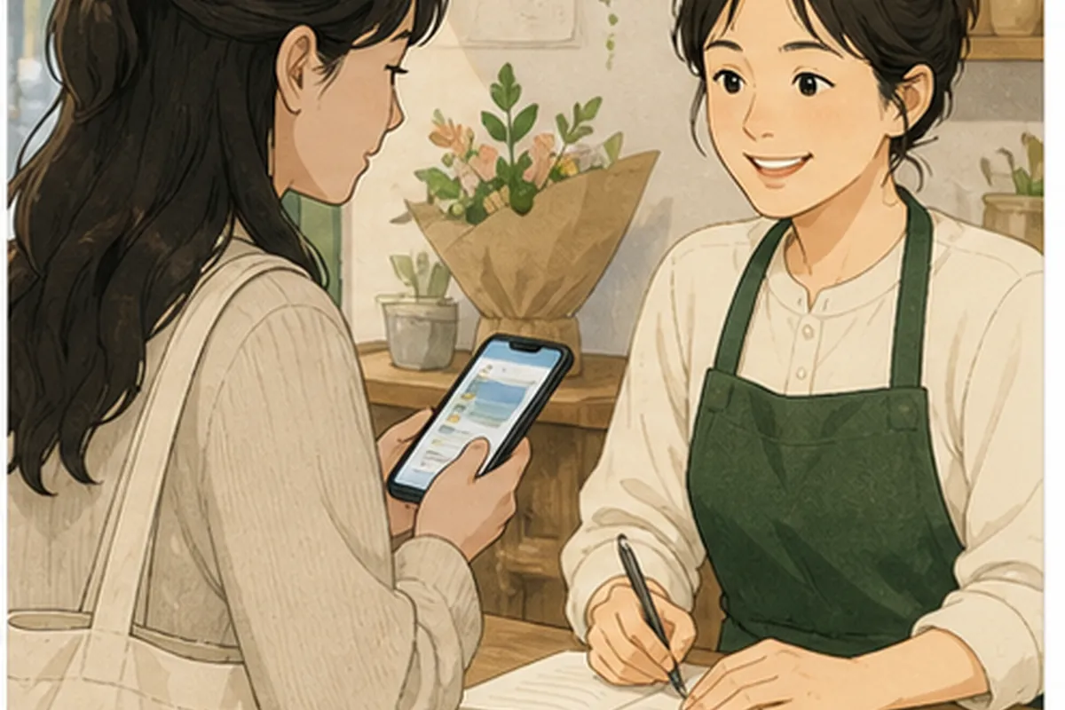 한국의 매장 사장님이 네이버 검색광고 키워드 도구 적용 전후의 문의와 방문 기록을 차분히 비교하는 일러스트