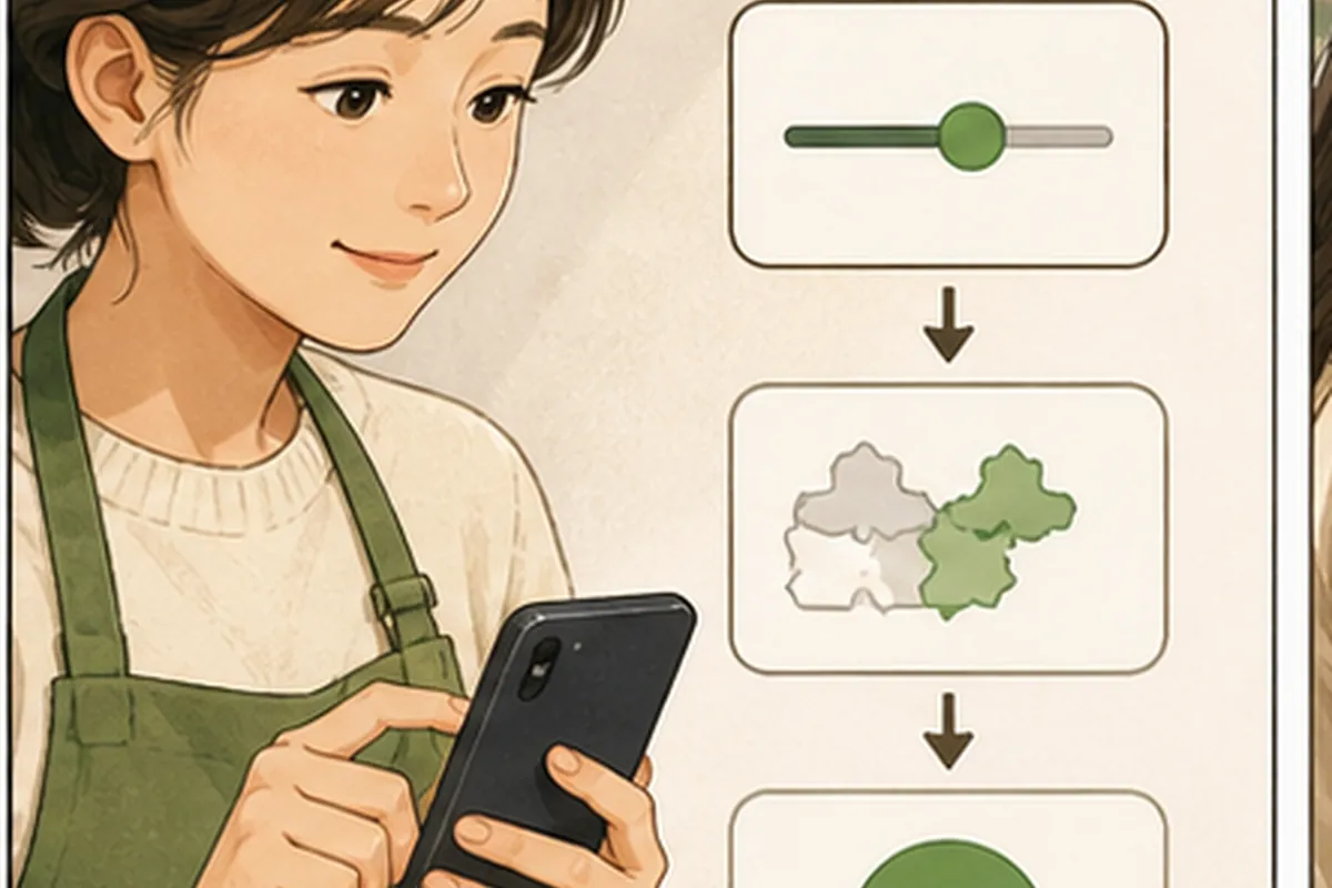 동네 가게 운영자가 네이버 검색광고 지역 타겟팅 실행 순서를 체크하며 한 항목씩 적용하는 일러스트