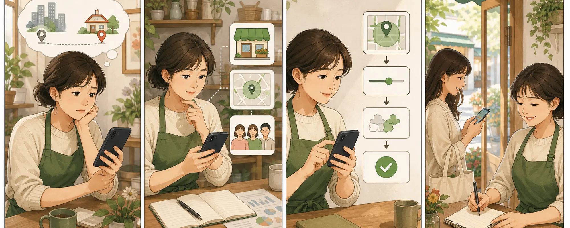 네이버 검색광고 지역 타겟팅 때문에 막막해하던 동네 가게 사장님이 현재 상태를 확인하고 한 항목을 수정한 뒤 고객 반응을 기록하는 4컷 일러스트
