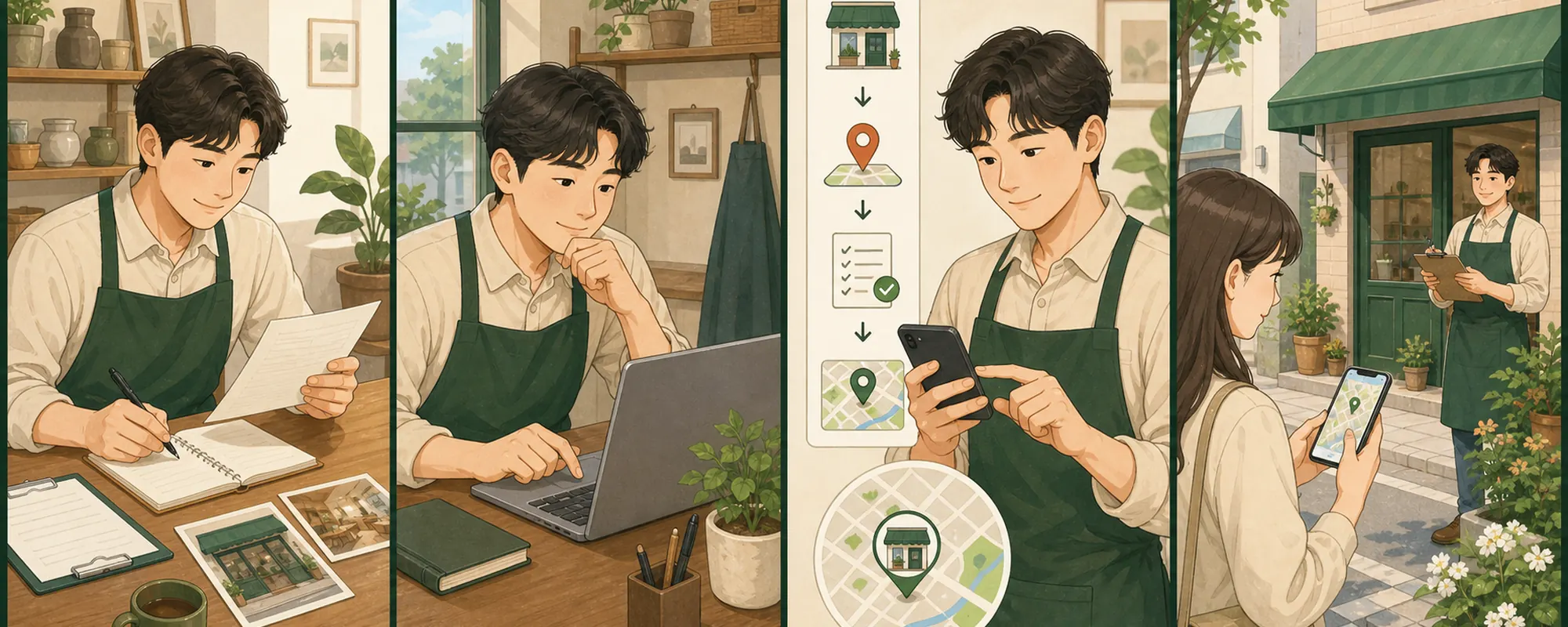 네이버 스마트 플레이스 업체 등록 때문에 막막해하던 동네 가게 사장님이 현재 상태를 확인하고 한 항목을 수정한 뒤 고객 반응을 기록하는 4컷 일러스트