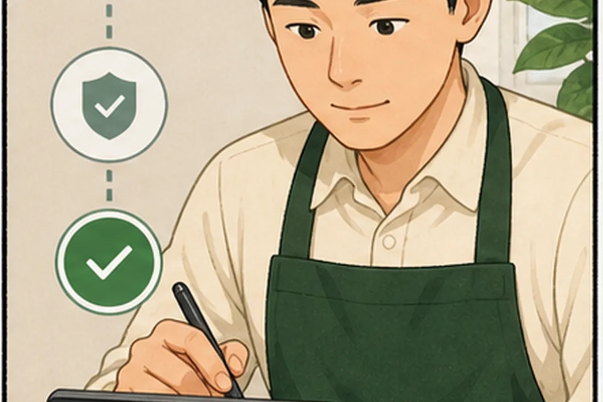 동네 가게 운영자가 네이버 스마트플레이스 관리자 실행 순서를 체크하며 한 항목씩 적용하는 일러스트