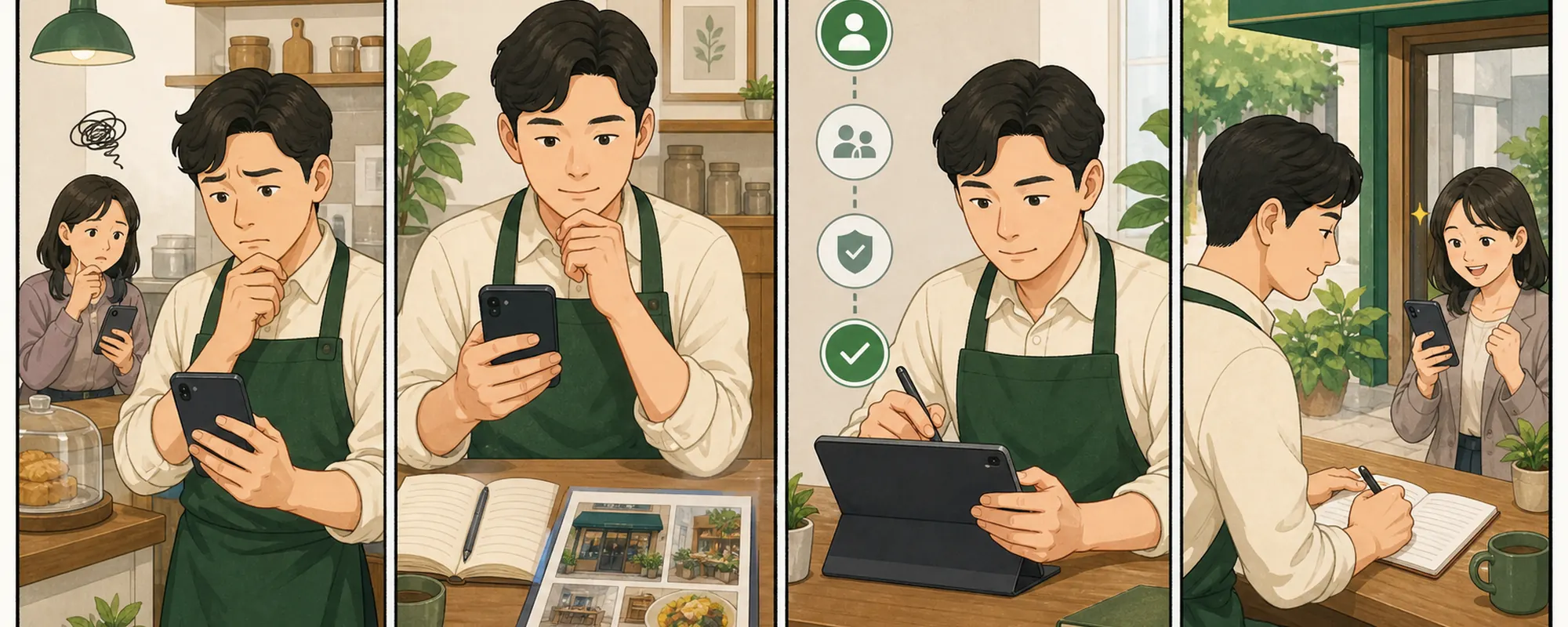 네이버 스마트플레이스 관리자 때문에 막막해하던 동네 가게 사장님이 현재 상태를 확인하고 한 항목을 수정한 뒤 고객 반응을 기록하는 4컷 일러스트