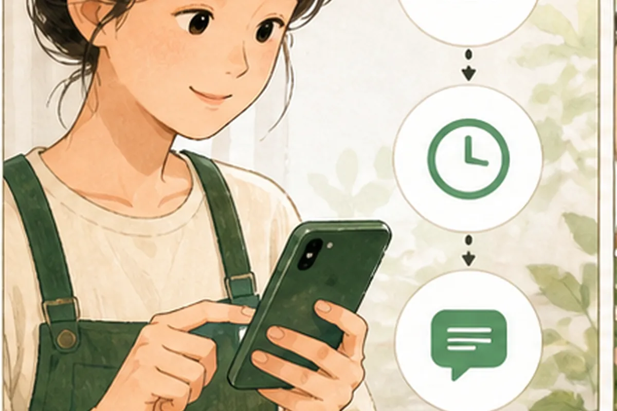 동네 가게 운영자가 네이버 톡톡 자동응답 실행 순서를 체크하며 한 항목씩 적용하는 일러스트