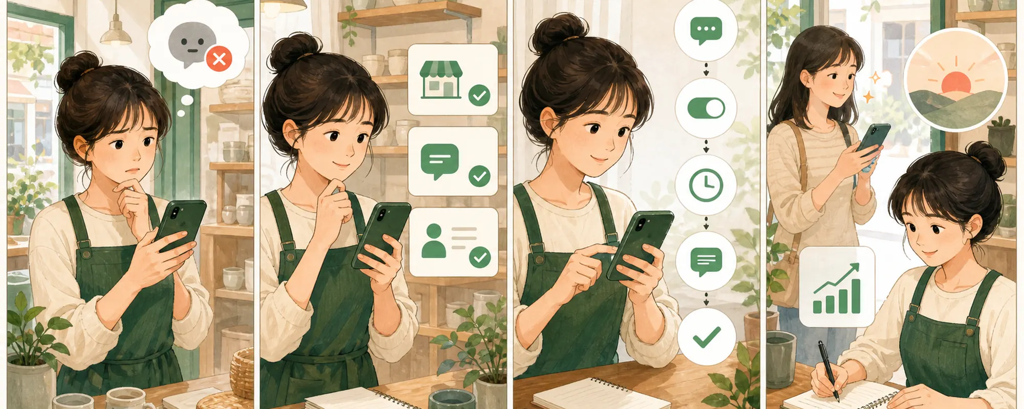 네이버 톡톡 자동응답 때문에 막막해하던 동네 가게 사장님이 현재 상태를 확인하고 한 항목을 수정한 뒤 고객 반응을 기록하는 4컷 일러스트