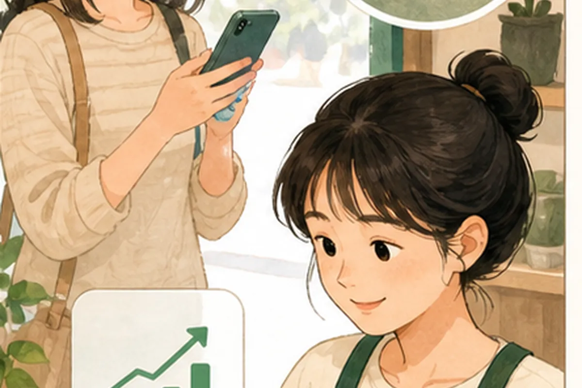 한국의 매장 사장님이 네이버 톡톡 자동응답 적용 전후의 문의와 방문 기록을 차분히 비교하는 일러스트