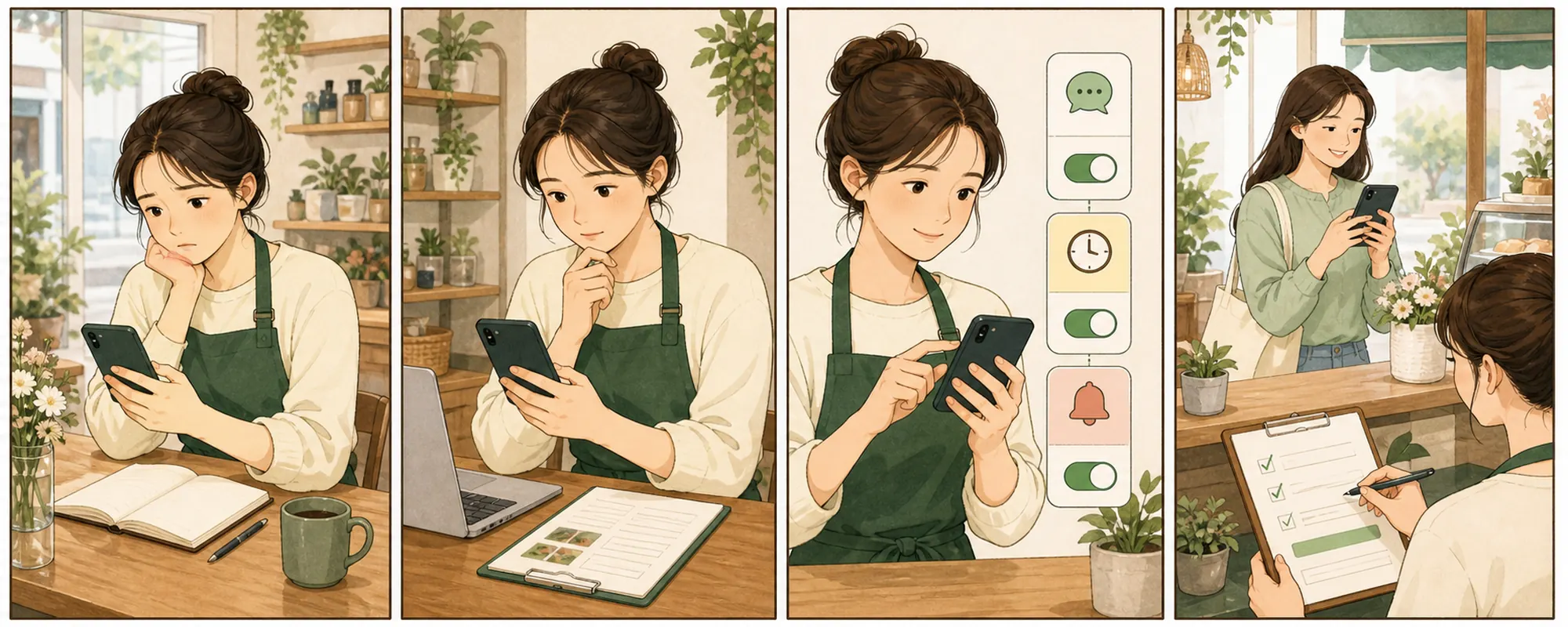 네이버 톡톡 하는법 때문에 막막해하던 동네 가게 사장님이 현재 상태를 확인하고 한 항목을 수정한 뒤 고객 반응을 기록하는 4컷 일러스트