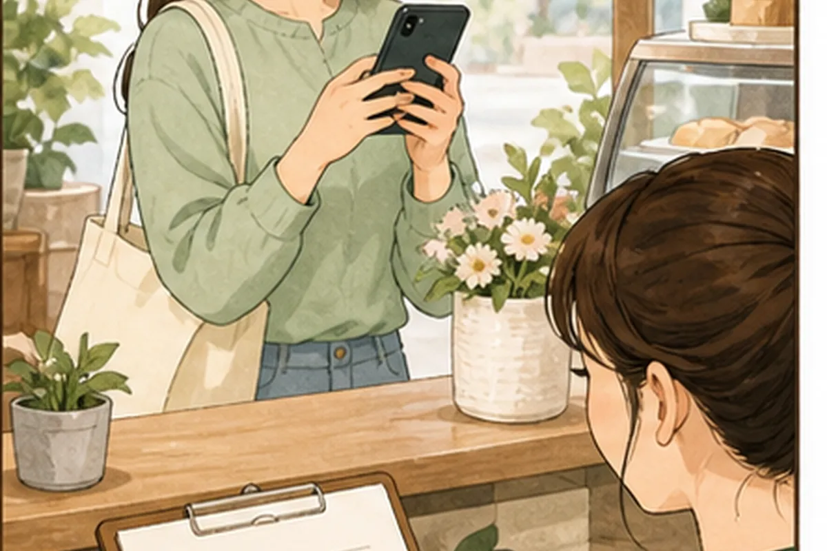 한국의 매장 사장님이 네이버 톡톡 하는법 적용 전후의 문의와 방문 기록을 차분히 비교하는 일러스트