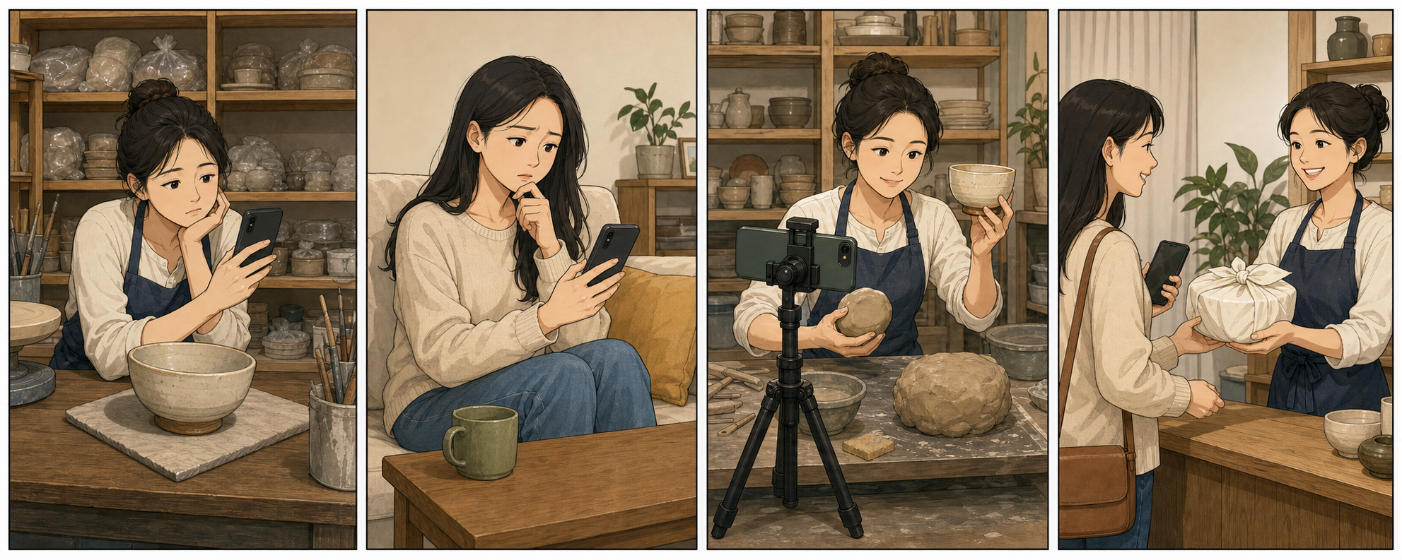 완성품 사진만 올려 반응이 없던 사장님이 실제 준비와 확인 과정을 보여 주자 손님이 서비스의 수고를 이해하고 문의하는 4컷 만화