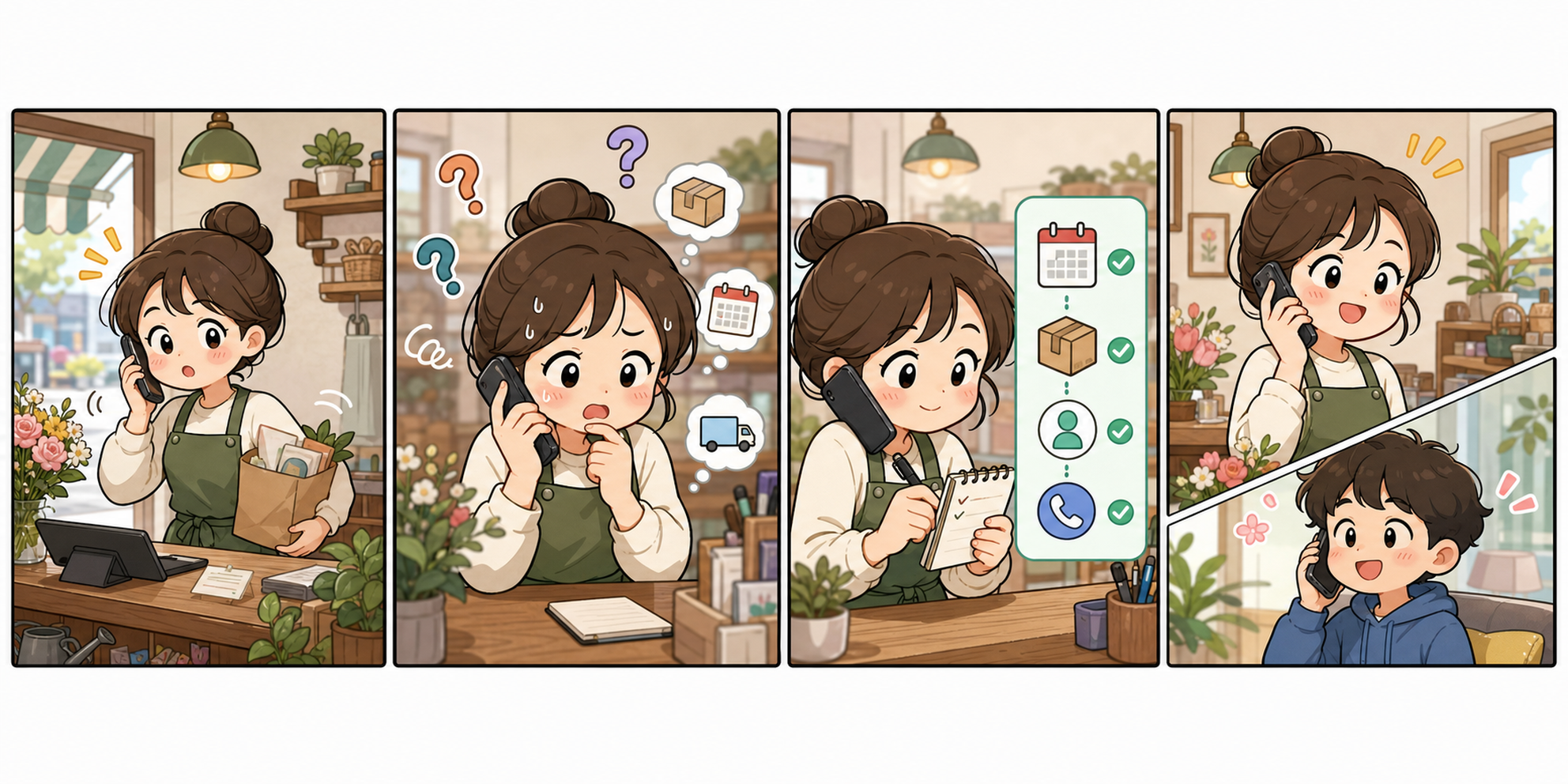 가게 사장님이 전화 문의에서 당황하다가 확인 순서를 정리해 차분히 응대하는 귀여운 4컷 웹툰
