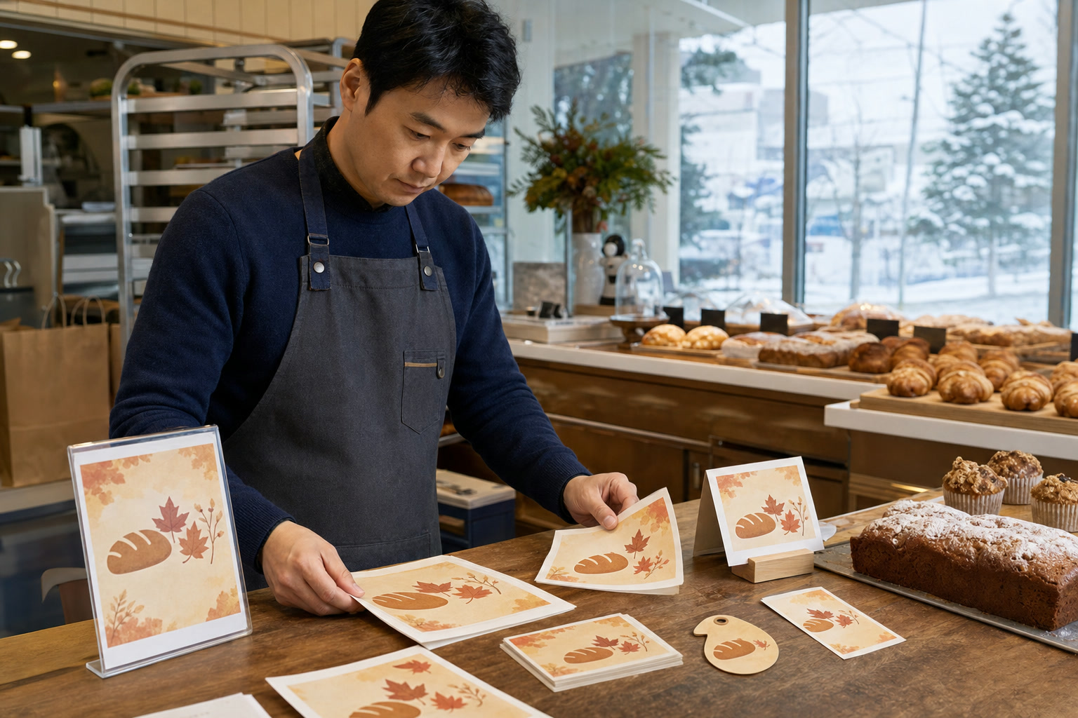 한국의 매장 운영자가 계절 행사 카드와 이전 가격표와 오래된 QR이 네이버 인스타그램 블로그 인쇄물에 남은 상태를 한눈에 확인하는 장면