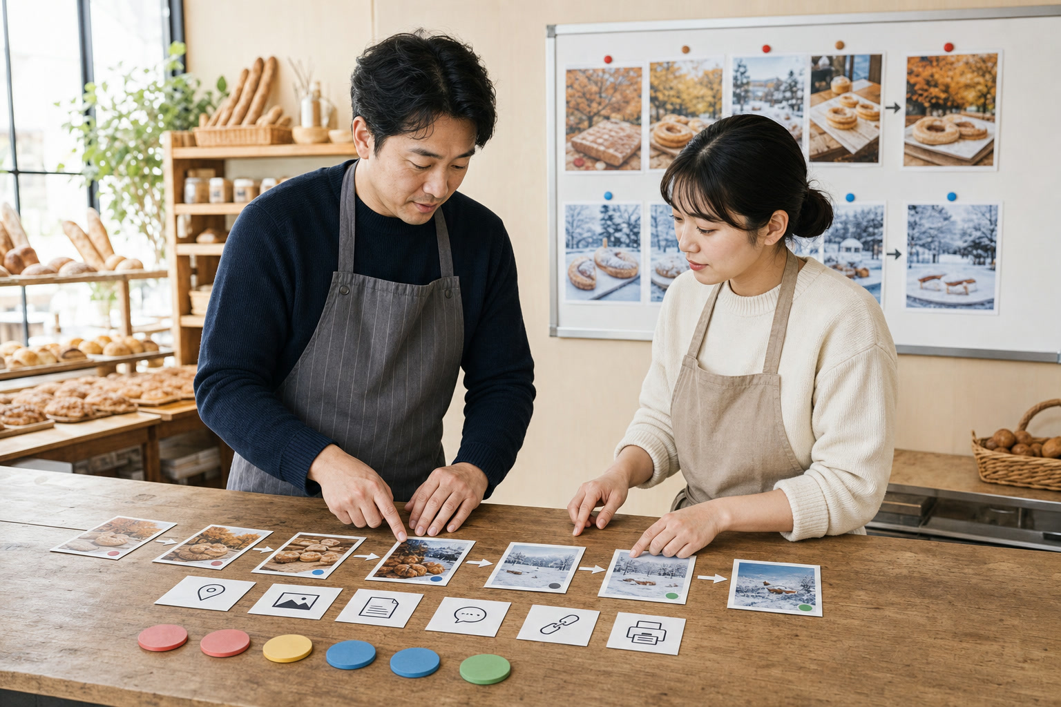두 명의 한국 매장 운영자가 채널별 진행 변경 종료 상태와 오래된 링크 문의 수정 완료 시간을 함께 점검하는 장면
