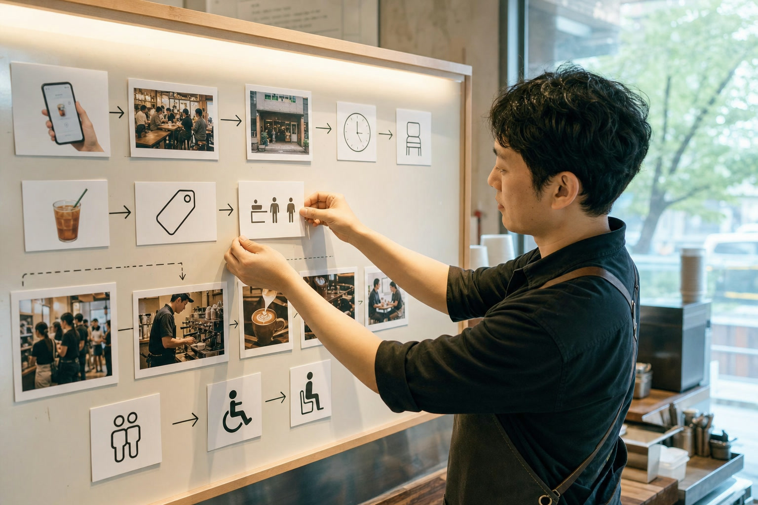 한국의 자영업자가 실제 좌석 가격 시간 구성 과정 제한을 나타내는 아이콘과 현장 사진을 약속표에 맞춰 정리하는 장면