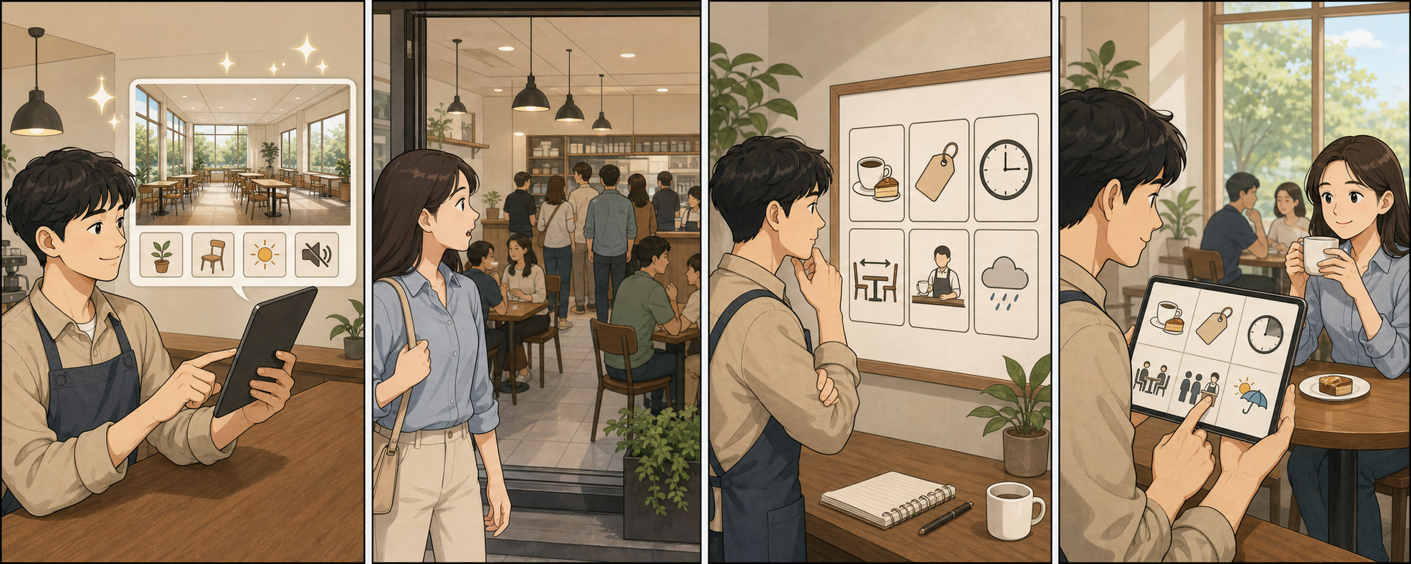넓고 한가해 보이는 홍보 사진만 보고 온 고객이 실제 이용 조건에 놀랐다가 사장님이 공간 크기 시간 가격 과정을 정확히 안내해 기대를 맞추는 4컷 만화